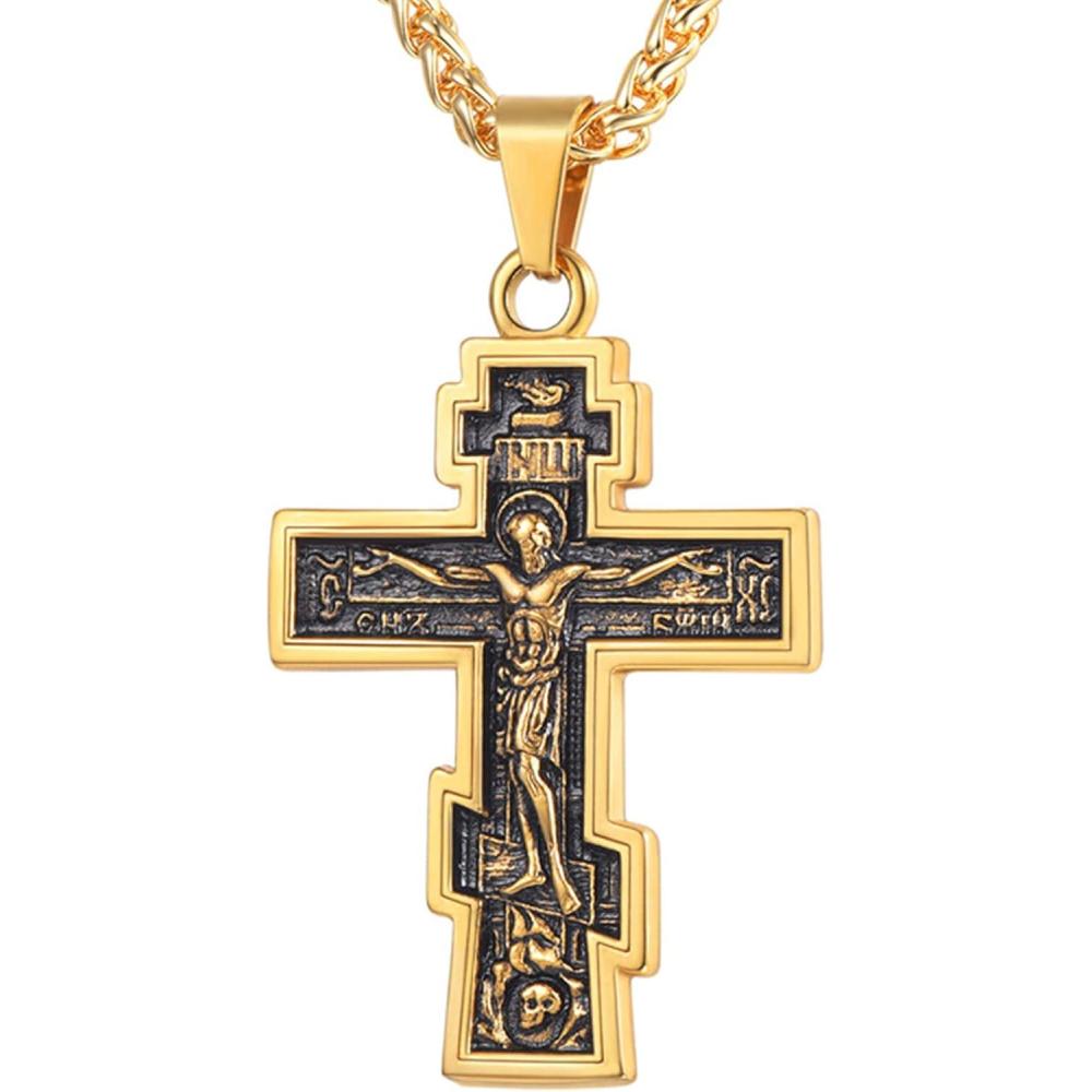 imageU7 Russian Orthodox Cross PendantPraying HandsIchthys Sign for Men Women Stainless Steel 18K Gold Plated Jesus Pendant Christian Religious Necklaces Length 22 Silver Black Gold01 Orthodox CrossGold