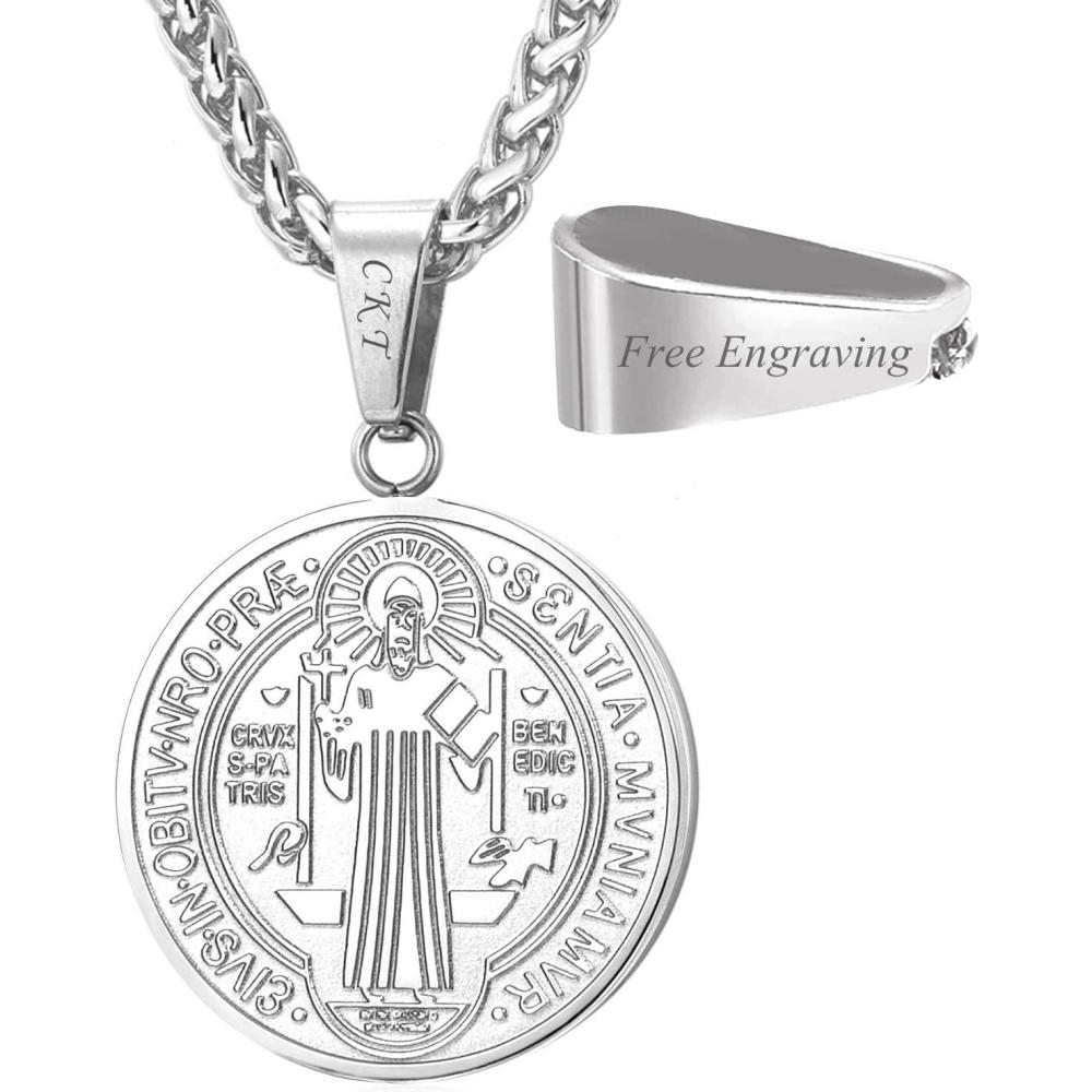 imageU7 Saint Benedict Medal Pendant Cross Christian Jewelry Stainless Steel Round Coin Cathoic Necklace with Personalized Text Gift for Men Women