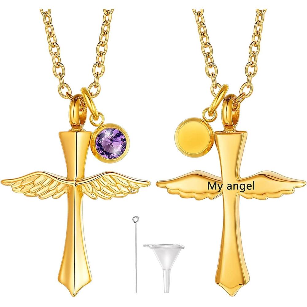 imageUrn Necklace for AshesCustomized Stainless Steel or 18K Gold Plated Cremation Jewelry Memorial Keepsake Urn Lockets Pendant for Men Women Waterproof amp Gift PackedAngel WingGoldTextBirthstone