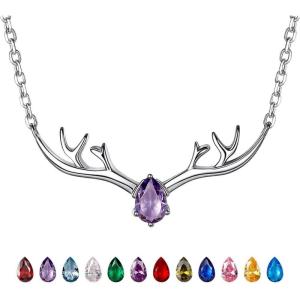 925 Sterling Silver Butterfly Necklace/Antler Deer Necklace,Adjustable Silver Birthstone Necklace for Women,Birthstone Jewelry Gift for Her(02.February(Amethyst)-Deer)