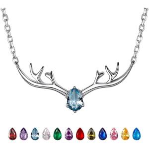 925 Sterling Silver Butterfly Necklace/Antler Deer Necklace,Adjustable Silver Birthstone Necklace for Women,Birthstone Jewelry Gift for Her(03.March(Aquamarine)-Deer)