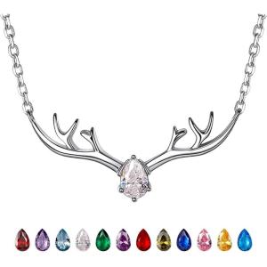 925 Sterling Silver Butterfly Necklace/Antler Deer Necklace,Adjustable Silver Birthstone Necklace for Women,Birthstone Jewelry Gift for Her(04.April(Diamond)-Deer)