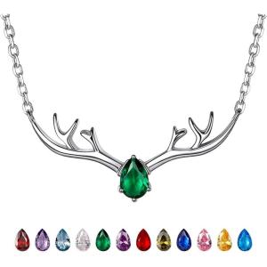 925 Sterling Silver Butterfly Necklace/Antler Deer Necklace,Adjustable Silver Birthstone Necklace for Women,Birthstone Jewelry Gift for Her(05.May(Emerald)-Deer)