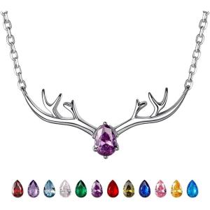 925 Sterling Silver Butterfly Necklace/Antler Deer Necklace,Adjustable Silver Birthstone Necklace for Women,Birthstone Jewelry Gift for Her(06.June(Alexandrite)-Deer)