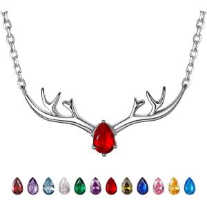 925 Sterling Silver Butterfly Necklace/Antler Deer Necklace,Adjustable Silver Birthstone Necklace for Women,Birthstone Jewelry Gift for Her(07.July(Ruby)-Deer)