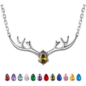 925 Sterling Silver Butterfly Necklace/Antler Deer Necklace,Adjustable Silver Birthstone Necklace for Women,Birthstone Jewelry Gift for Her(08.August(Peridot)-Deer)