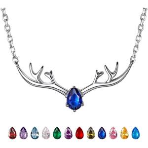 925 Sterling Silver Butterfly Necklace/Antler Deer Necklace,Adjustable Silver Birthstone Necklace for Women,Birthstone Jewelry Gift for Her(09.September(Sapphire)-Deer)