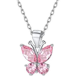 925 Sterling Silver Butterfly Necklace/Antler Deer Necklace,Adjustable Silver Birthstone Necklace for Women,Birthstone Jewelry Gift for Her(10.October(Pink Tourmaline)-Butterfly)