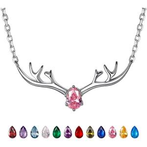 925 Sterling Silver Butterfly Necklace/Antler Deer Necklace,Adjustable Silver Birthstone Necklace for Women,Birthstone Jewelry Gift for Her(10.October(Pink Tourmaline)-Deer)