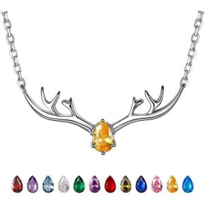 925 Sterling Silver Butterfly Necklace/Antler Deer Necklace,Adjustable Silver Birthstone Necklace for Women,Birthstone Jewelry Gift for Her(11.November(Yellow Topaz)-Deer)
