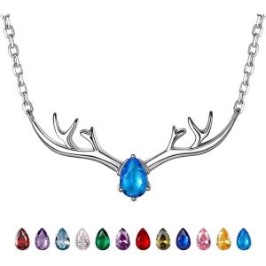 925 Sterling Silver Butterfly Necklace/Antler Deer Necklace,Adjustable Silver Birthstone Necklace for Women,Birthstone Jewelry Gift for Her(12.December(Blue Topaz)-Deer)