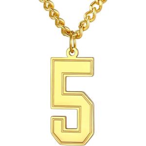 U7 0-99 Number Necklaces Stainless Steel Customizable Number Pendant Gold Plated Athletes Sports Necklace Jersey Number Chains Cuban Link Necklaces for Men Women(5-Gold)