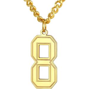 U7 0-99 Number Necklaces Stainless Steel Customizable Number Pendant Gold Plated Athletes Sports Necklace Jersey Number Chains Cuban Link Necklaces for Men Women(8-Gold)