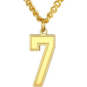 U7 0-99 Number Necklaces Stainless Steel Customizable Number Pendant Gold Plated Athletes Sports Necklace Jersey Number Chains Cuban Link Necklaces for Men Women(7-Gold)