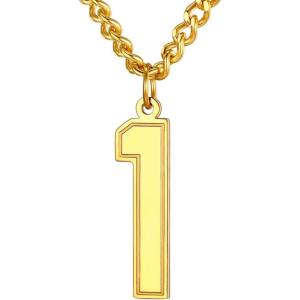 U7 0-99 Number Necklaces Stainless Steel Customizable Number Pendant Gold Plated Athletes Sports Necklace Jersey Number Chains Cuban Link Necklaces for Men Women(1-Gold)