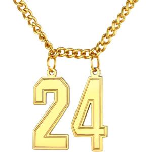 U7 0-99 Number Necklaces Stainless Steel Customizable Number Pendant Gold Plated Athletes Sports Necklace Jersey Number Chains Cuban Link Necklaces for Men Women(0~999 Numbers(Steel/black/gold color))