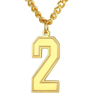 U7 0-99 Number Necklaces Stainless Steel Customizable Number Pendant Gold Plated Athletes Sports Necklace Jersey Number Chains Cuban Link Necklaces for Men Women(2-Gold)