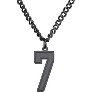 U7 0-99 Number Necklaces Stainless Steel Customizable Number Pendant Gold Plated Athletes Sports Necklace Jersey Number Chains Cuban Link Necklaces for Men Women(7-Stunning Black)