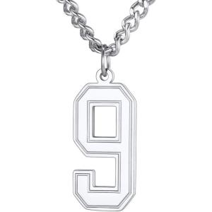 U7 0-99 Number Necklaces Stainless Steel Customizable Number Pendant Gold Plated Athletes Sports Necklace Jersey Number Chains Cuban Link Necklaces for Men Women(9-Stainless)