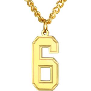 U7 0-99 Number Necklaces Stainless Steel Customizable Number Pendant Gold Plated Athletes Sports Necklace Jersey Number Chains Cuban Link Necklaces for Men Women(6-Gold)