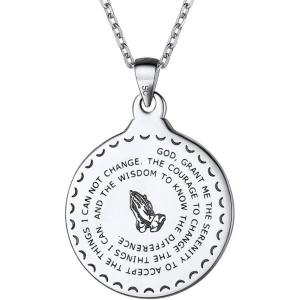 U7 925 Sterling Silver Coin Medal Praying Hands Necklace Chain 20″ Men Women Bible Verse Prayer Pendant Necklaces, Mother’s Day Gift