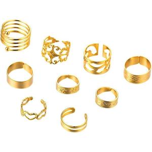 U7 9Pcs Knuckle Ring Set Gold Plated Heart Ring, Band Ring, Filigree Ring Stackable Full Finger Rings Statement Bohemian Rings for Women