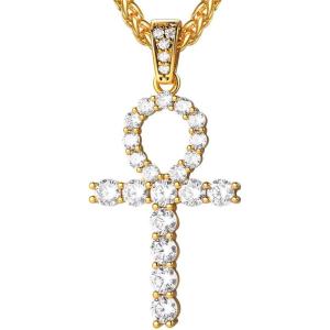 U7 Ankh Necklace for Men Women Stainless Steel Black Color Egyptian Jewelry Ankh Cross Pendant, Africa Necklaces with Chain 22″(Crystal Ankh-Gold)