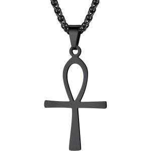 U7 Ankh Necklace for Men Women Stainless Steel Black Color Egyptian Jewelry Ankh Cross Pendant, Africa Necklaces with Chain 22″(Flat Ankh-Black)