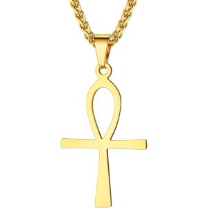 U7 Ankh Necklace for Men Women Stainless Steel Black Color Egyptian Jewelry Ankh Cross Pendant, Africa Necklaces with Chain 22″(Flat Ankh-Gold)