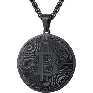 U7 Bitcoin Chain for Men, Stainless Steel 18K Gold Plated Cryptocurrency Pendant BTC/Dollar Sign Coin Medal Necklace(Bitcoin-Black)