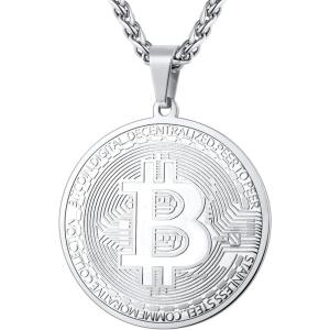 U7 Bitcoin Chain for Men, Stainless Steel 18K Gold Plated Cryptocurrency Pendant BTC/Dollar Sign Coin Medal Necklace(Bitcoin-Steel)