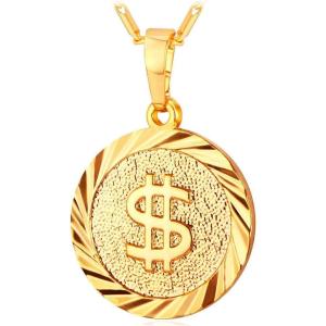 U7 Bitcoin Chain for Men, Stainless Steel 18K Gold Plated Cryptocurrency Pendant BTC/Dollar Sign Coin Medal Necklace(Dollar Sign-Gold)