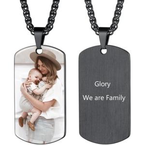 U7 Custom Photo Necklace for Men Women, Stainless Steel Black Gold Color Dog Tag – Personalized Text Engraved Memory Heart/Round Square Shaped Picture Pendant Necklaces Lover Gift Mothers Fathers Day(02.Dog Tag(black))