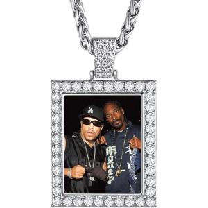 U7 Custom Photo Necklace for Men Women, Stainless Steel Black Gold Color Dog Tag – Personalized Text Engraved Memory Heart/Round Square Shaped Picture Pendant Necklaces Lover Gift Mothers Fathers Day(12.CZ Square(stainless))