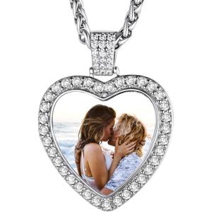 U7 Custom Photo Necklace for Men Women, Stainless Steel Black Gold Color Dog Tag – Personalized Text Engraved Memory Heart/Round Square Shaped Picture Pendant Necklaces Lover Gift Mothers Fathers Day(11.CZ Heart(stainless))