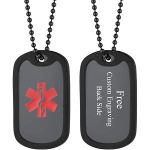 U7 Custom Photo Necklace for Men Women, Stainless Steel Black Gold Color Dog Tag – Personalized Text Engraved Memory Heart/Round Square Shaped Picture Pendant Necklaces Lover Gift Mothers Fathers Day(16.Medical Tag(black)-custom text)