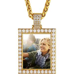 U7 Custom Photo Necklace for Men Women, Stainless Steel Black Gold Color Dog Tag – Personalized Text Engraved Memory Heart/Round Square Shaped Picture Pendant Necklaces Lover Gift Mothers Fathers Day(12.CZ Square(gold))