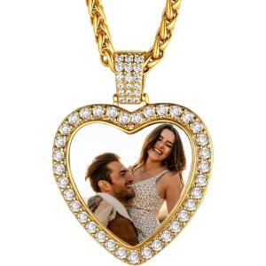 U7 Custom Photo Necklace for Men Women, Stainless Steel Black Gold Color Dog Tag – Personalized Text Engraved Memory Heart/Round Square Shaped Picture Pendant Necklaces Lover Gift Mothers Fathers Day(11.CZ Heart(gold))