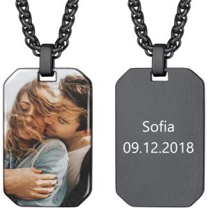 U7 Custom Photo Necklace for Men Women, Stainless Steel Black Gold Color Dog Tag – Personalized Text Engraved Memory Heart/Round Square Shaped Picture Pendant Necklaces Lover Gift Mothers Fathers Day(07.Octagon Tag(black))