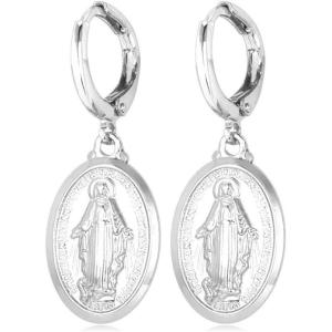 U7 Earrings for Women 18K Gold Plated Virgin Mary Dangle Earrings for Women Christian Jewelry(1.Earrings-Platinum)