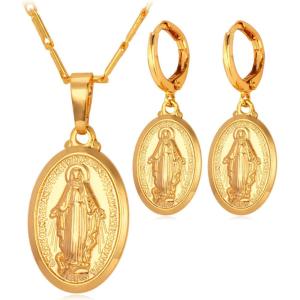 U7 Earrings for Women 18K Gold Plated Virgin Mary Dangle Earrings for Women Christian Jewelry(2Pcs Set-Gold)
