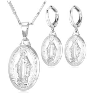 U7 Earrings for Women 18K Gold Plated Virgin Mary Dangle Earrings for Women Christian Jewelry(2Pcs Set-Platiunm)