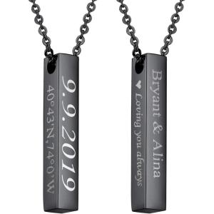 U7 Engravable Bar Necklace, Womens Choker Necklace Stainless Steel Custom Engrave Text Horizontal/Vertical Bar Pendant Necklaces for Men Women(4-Sided Bar-Black)