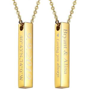 U7 Engravable Bar Necklace, Womens Choker Necklace Stainless Steel Custom Engrave Text Horizontal/Vertical Bar Pendant Necklaces for Men Women(4-Sided Bar-Gold)