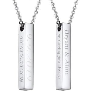 U7 Engravable Bar Necklace, Womens Choker Necklace Stainless Steel Custom Engrave Text Horizontal/Vertical Bar Pendant Necklaces for Men Women(4-Sided Bar-Stainless Steel)