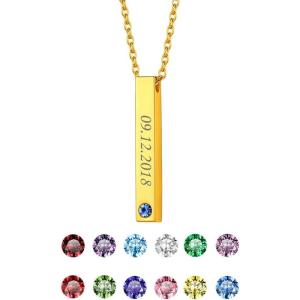 U7 Engravable Bar Necklace, Womens Choker Necklace Stainless Steel Custom Engrave Text Horizontal/Vertical Bar Pendant Necklaces for Men Women(4-Sided Bar-Gold(Text+Birthstone))