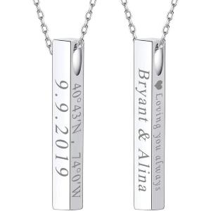 U7 Engravable Bar Necklace, Womens Choker Necklace Stainless Steel Custom Engrave Text Horizontal/Vertical Bar Pendant Necklaces for Men Women(4-Sided Bar-Sterling Silver)