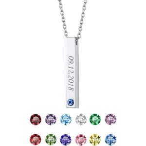 U7 Engravable Bar Necklace, Womens Choker Necklace Stainless Steel Custom Engrave Text Horizontal/Vertical Bar Pendant Necklaces for Men Women(4-Sided Bar-Stainless(Text+Birthstone))