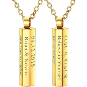 U7 Engravable Bar Necklace, Womens Choker Necklace Stainless Steel Custom Engrave Text Horizontal/Vertical Bar Pendant Necklaces for Men Women(6-Sided Bar-Gold)