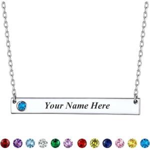 U7 Engravable Bar Necklace, Womens Choker Necklace Stainless Steel Custom Engrave Text Horizontal/Vertical Bar Pendant Necklaces for Men Women(Horizontal Bar-Sterling Silver(Text+Birthstone))